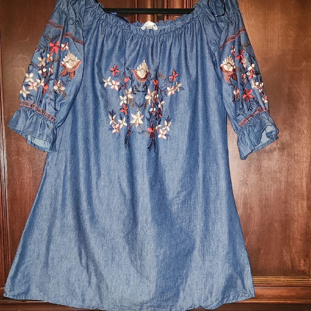 Charming Denim Blue Kids Dress with Floral Embroidery